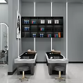 Modern Elegant Beauty Salon Interior With Two Styling Stations Black Shelves And Hair Products