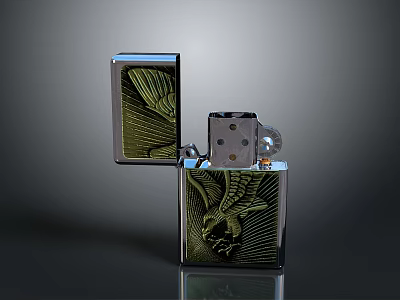Classic Chrome Metal Lighter With Open Lid And Engraved Eagle Pattern 3d model