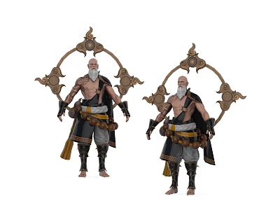 Game Movie Character Elderly Bearded Male In Traditional Outfit With Decorative Circular Backpiece And Tassel Belt 3d model