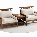 Wooden Frame Single Sofas with White Cushions and Small Coffee Table on Round Carpet 3d model