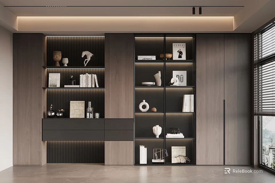 Modern Wooden Bookcase Interior Design With Open Shelves Books Decorative Items And Lighting 3d model 