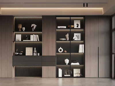 Modern Wooden Bookcase Interior Design With Open Shelves Books Decorative Items And Lighting 3d model