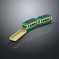 Vintage Green Yellow Train With Two Carriages And Open Cargo Trailer On Track