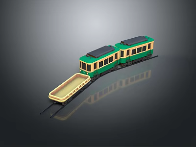 Vintage Green Yellow Train With Two Carriages And Open Cargo Trailer On Track 3d model