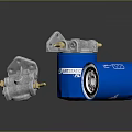 Blue Cylindrical Filters With Metal Fittings And Exposed Internal Components On Dark Surface
