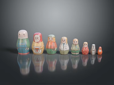 Colorful Matryoshka Dolls In Various Sizes With Traditional Patterns And Reflections On Dark Background 3d model