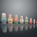 Colorful Matryoshka Dolls In Various Sizes With Traditional Patterns And Reflections On Dark Background
