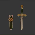 Decorative Green And Orange Swords With Ornate Handles And Sheaths