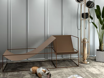Modern Brown Lounge Chair with Metal Frame Bulldog on Gray Carpet Near Floor Lamp 3d model