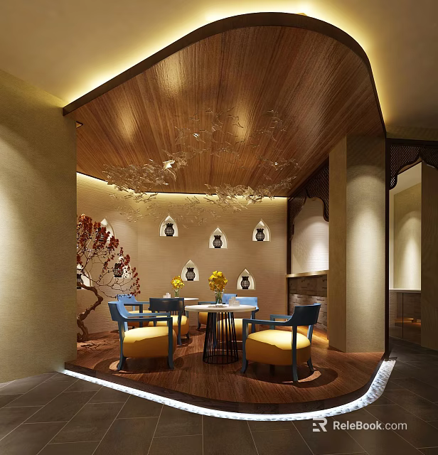 Leisure Area with Wooden Ceiling Elegant Chandelier Round Table Blue Yellow Chairs Red Branch Decor 3d model 