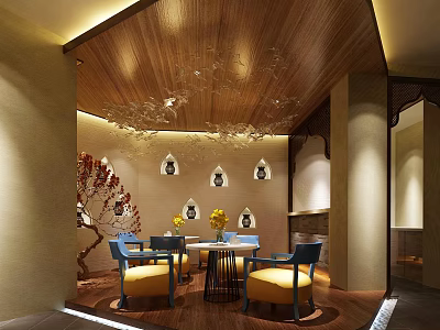 Leisure Area with Wooden Ceiling Elegant Chandelier Round Table Blue Yellow Chairs Red Branch Decor 3d model