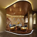 Leisure Area with Wooden Ceiling Elegant Chandelier Round Table Blue Yellow Chairs Red Branch Decor