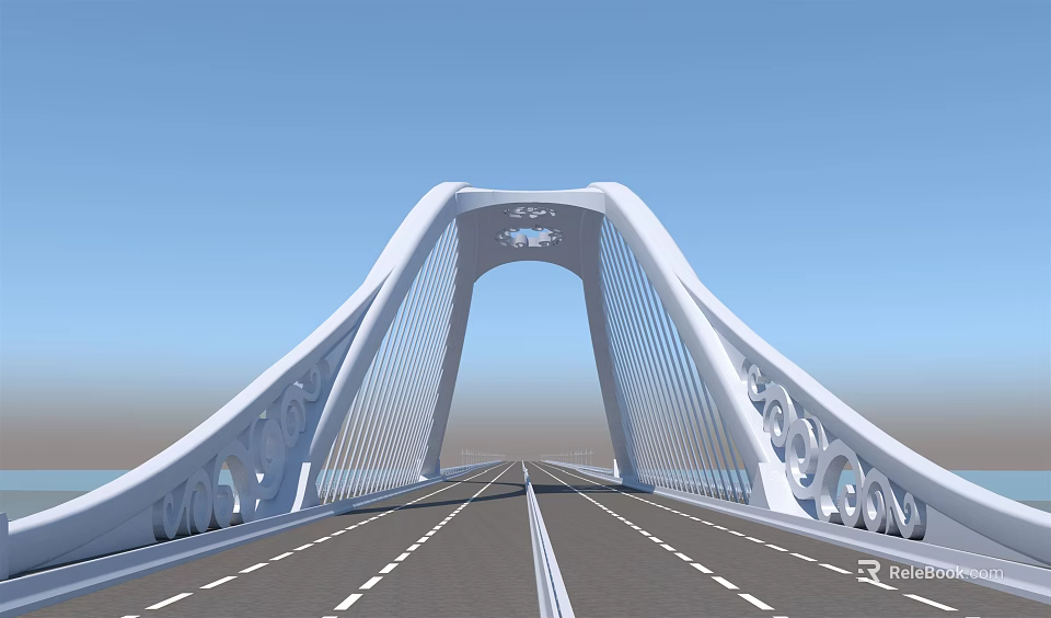 Modern White Arch Bridge With Circular Decorations And Road Under Blue Sky 3d model 