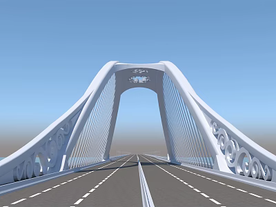 Modern White Arch Bridge With Circular Decorations And Road Under Blue Sky 3d model