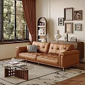Brown Leather Multi Seater Sofa In Living Room With Glass Coffee Table Bookshelf And Decorative Paintings