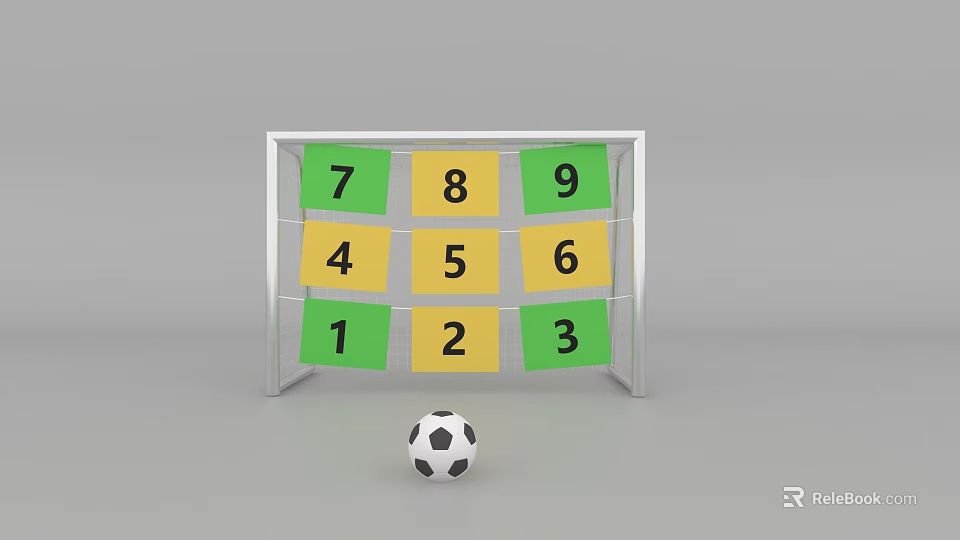 Soccer Training Target Frame with Numbered Green Yellow Panels and Soccer Ball for Football Practice 3d model 