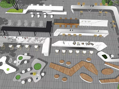Various Table and Chair Sets In Outdoor Open Space With Wooden White Designs And Trees 3d model