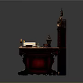 Vintage Carved Wooden Desk Setup With Open Book Candleholder And Decorative Bookshelf