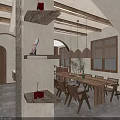 Rustic Modern Hotel Lobby With Wooden Beams Pendant Lights Sofa Bookshelves And Projection Screen