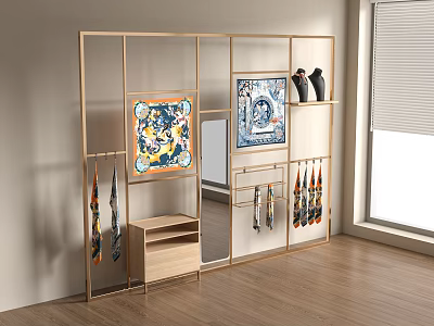 Modern Golden Frame Display Rack Featuring Decorative Paintings Mirror Hanging Accessories and Wooden Shelf 3d model
