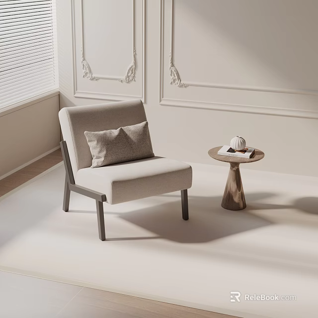Comfortable Beige Fabric Leisure Chair With Wooden Frame And Decorative Pillow In Soft Lit Room 3d model 