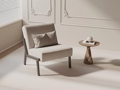 Comfortable Beige Fabric Leisure Chair With Wooden Frame And Decorative Pillow In Soft Lit Room 3d model