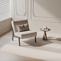 Comfortable Beige Fabric Leisure Chair With Wooden Frame And Decorative Pillow In Soft Lit Room