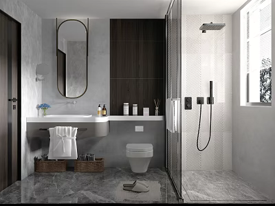 Modern Bathroom Interior Design With Round Mirror Dark Wood Cabinets White Vanity And Marble Floor 3d model