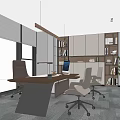 Modern Office Interior With Wooden Desk Ergonomic Chairs Large Windows And Built In Bookshelves