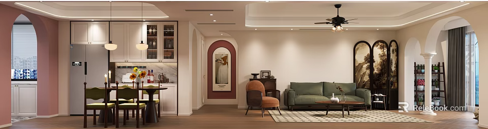 Modern Living and Dining Room Interior With Green Sofa Brown Chair And Decorative Painting 3d model 