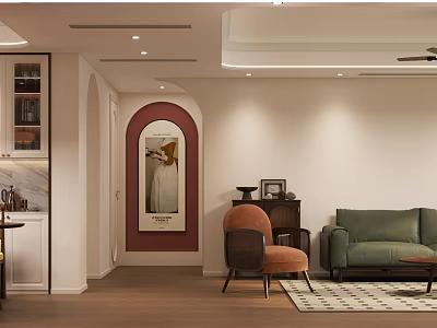 Modern Living and Dining Room Interior With Green Sofa Brown Chair And Decorative Painting 3d model