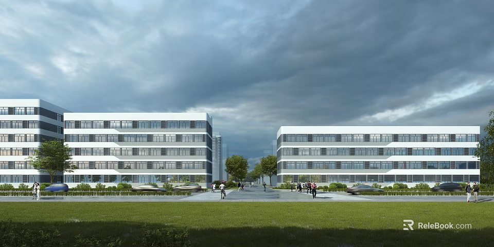 Modern Office Buildings Exterior With White Facade Green Lawn People And Cloudy Sky 3d model 
