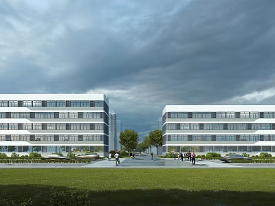 Modern Office Buildings Exterior With White Facade Green Lawn People And Cloudy Sky 3d model