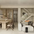 Modern Living Dining Room Interior With Open Concept Sofa Fireplace And Wooden Furniture