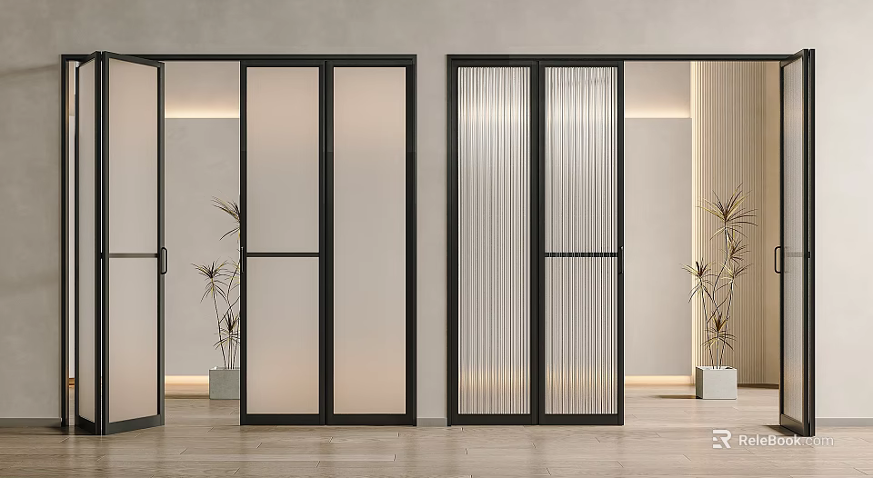 Modern Sliding Doors With Black Frame Glass Panels In Living Space Interior Design 3d model 