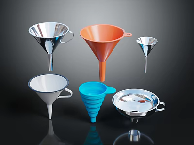 Colorful Household Funnels In Various Sizes Shapes And Materials For Daily Use 3d model