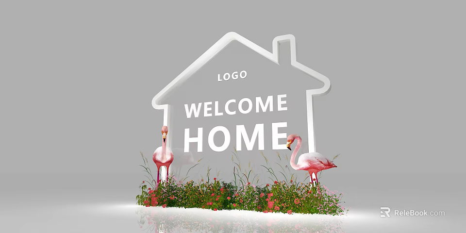 House Shaped Welcome Home Sign With Logo Pink Flamingos And Green Plants 3d model 