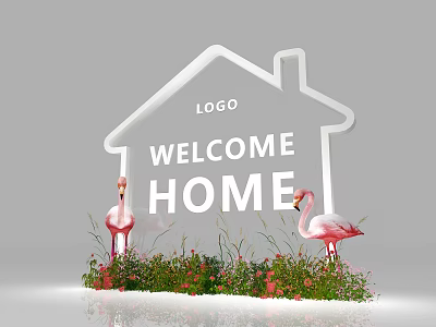 House Shaped Welcome Home Sign With Logo Pink Flamingos And Green Plants 3d model