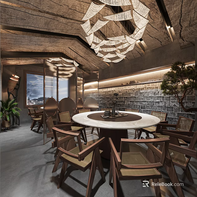 Traditional Restaurant Interior With Round Dining Table Wooden Chairs Stone Wall Wooden Ceiling And Chandelier 3d model 