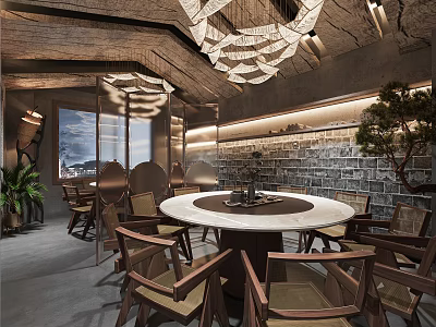 Traditional Restaurant Interior With Round Dining Table Wooden Chairs Stone Wall Wooden Ceiling And Chandelier 3d model