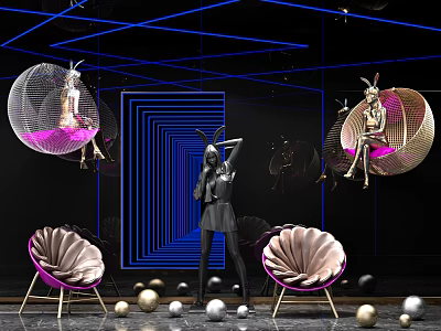 Futuristic Art Installation With Woman In Black Geometric Blue Lines Background Shell Chairs Scattered Spheres 3d model