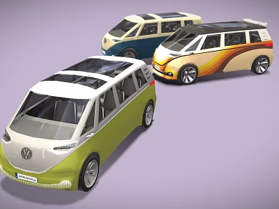 Three Modern Vans With Green White Blue And Brown Orange Striped Exterior And Sunroofs 3d model