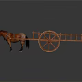 Horse Drawn Wooden Cart With Large Wheels And Brown Horse