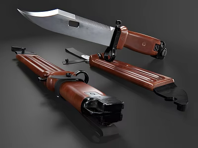 Tactical Military Knife With Wooden Handle Serrated Metal Blade And Sheath 3d model