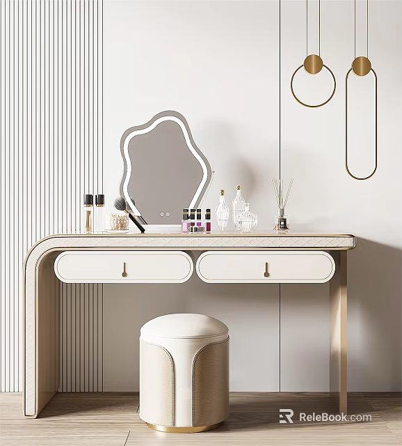 Modern Dressing Table With Irregular Mirror Cosmetic Bottles Gold Accents And Round Upholstered Stool 3d model 