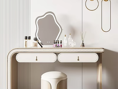 Modern Dressing Table With Irregular Mirror Cosmetic Bottles Gold Accents And Round Upholstered Stool 3d model