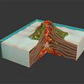 Cartoon Volcano Scene With Cross Section Lava Flow Green Vegetation And Blue Ocean