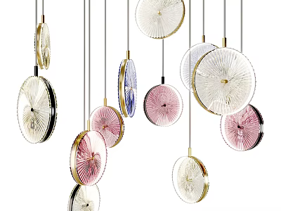 Colorful Decorative Chandeliers With Circular Design And Metallic Accents Hanging In Modern Room 3d model