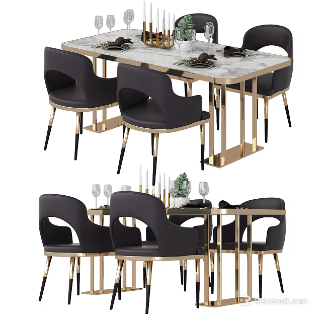 Modern Dining Table Set With Marble Top Gold Frame And Black Chairs 3d model