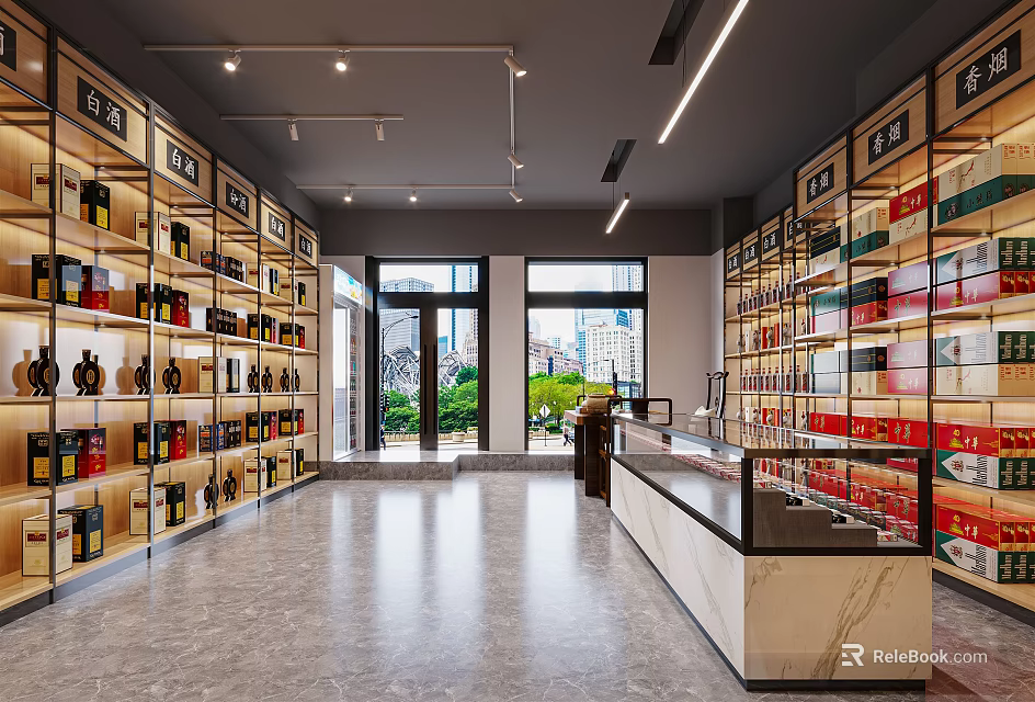 Liquor and Tobacco Store Modern Interior With Shelves Display Counters And Large Windows 3d model 